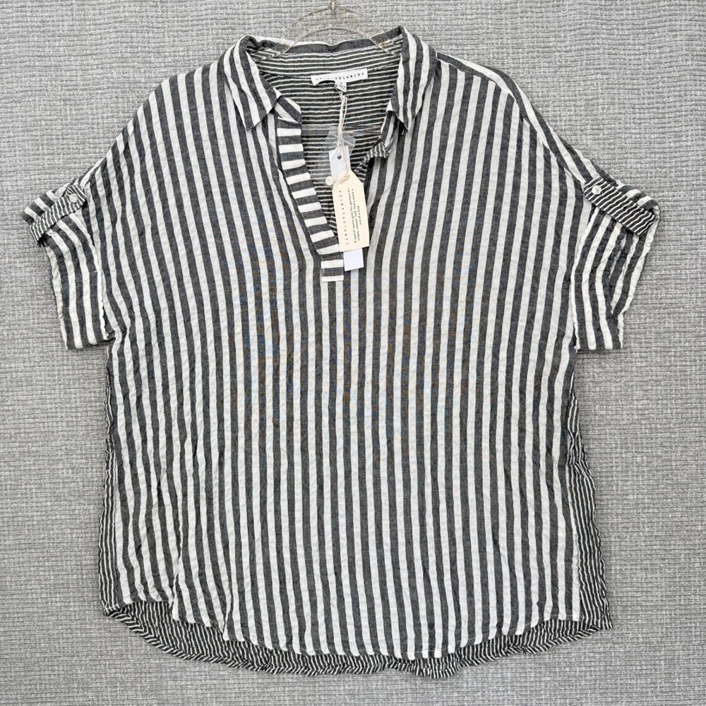 Jane + Delancey Striped V-Neck Top Relaxed Fit Short Sleeve Blouse Sz M Y2K Soft